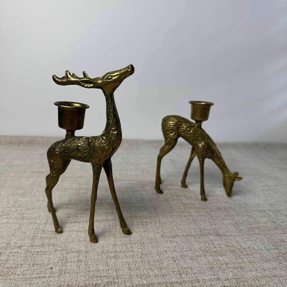 Vintage Brass Deer Candle Holders Pair Stag Grazing Deer Taper Candlesticks